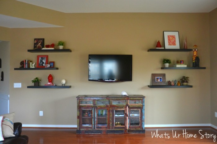 How to decorate shelves in family room